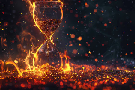 An hourglass engulfed in flames, symbolizing the passage of time and the intensity of a moment.の素材