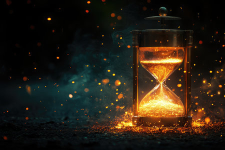 A glowing hourglass with golden sand, surrounded by sparks and smoke against a dark background.の素材