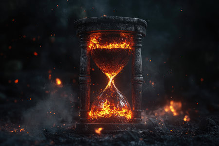 A close-up shot of a burning hourglass on a bed of embers, depicting a fiery passage of time.の素材