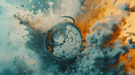 A close-up image of a vintage pocket watch submerged in a swirling cloud of abstract blue, green, and orange paint.の素材