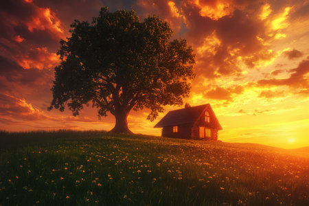 A rustic wooden cabin sits on a hill in a field of wildflowers as the sun sets, creating a warm and peaceful scene.の素材