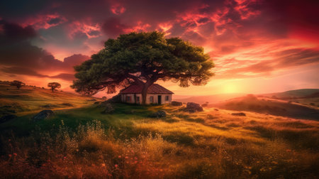 A solitary stone house sits beneath a large tree on a grassy hill at sunset.の素材