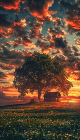 A charming cabin sits beneath a large tree in a field of flowers, bathed in the warm glow of a sunset.の素材