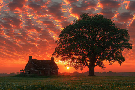 A solitary cabin and a large tree stand against a captivating sunset, illuminating the field with warm, golden light.の素材