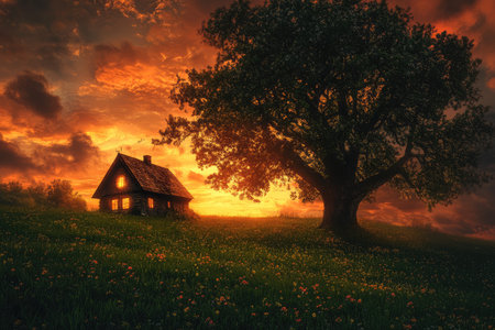 A stone cottage with glowing windows sits in a field of wildflowers beneath a large silhouetted tree during a vibrant sunset.の素材