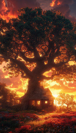 A picturesque scene of a small cabin nestled in the roots of a large tree, bathed in the golden light of sunset.の素材