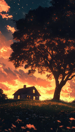A small cottage with glowing windows is tucked beneath a large, silhouetted tree against a backdrop of vibrant sunset clouds.の素材