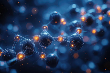 A 3D abstract rendering of a network of glowing polygonal spheres connected by thin lines, set against a dark blue background.の素材