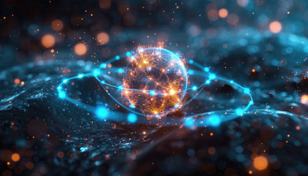 An abstract sphere with glowing blue lines and orange bokeh lights against a dark background.の素材