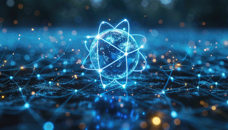 An abstract representation of a global network with a glowing Earth globe connected by blue lines.の素材