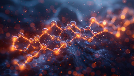 A stylized representation of a glowing molecular structure in a dark, dusty space.の素材