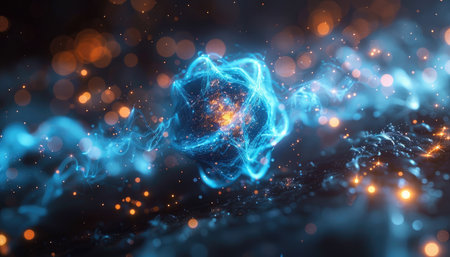 A vibrant blue sphere with sparkling particles and bokeh lights in the background, creating an ethereal abstract image.の素材