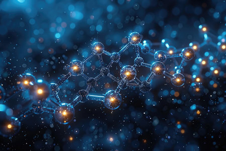 A close-up 3D rendering of a glowing molecular structure on a dark blue background.の素材