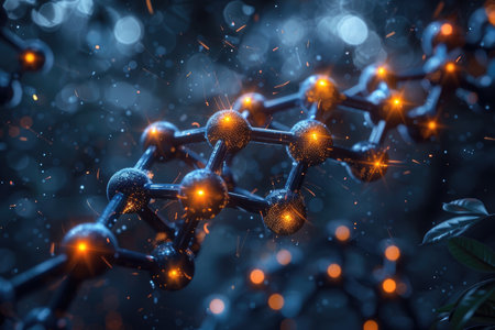 A close-up of a glowing molecular structure with sparkles and a blurred background.の素材