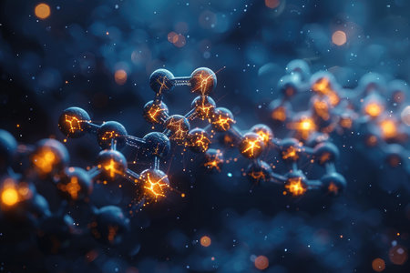 An abstract 3D rendering of a molecular structure, featuring glowing orange atoms connected by bonds.  The structure is set against a dark blue background with bokeh lights.の素材