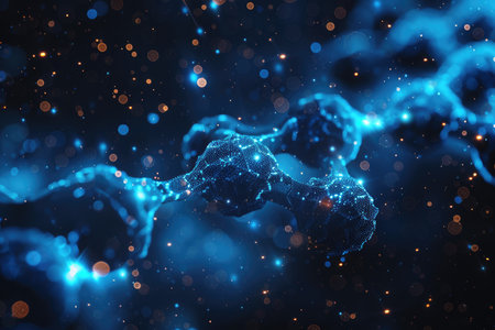 A digital rendering of an abstract sphere network with blue and orange highlights, set against a dark background.の素材