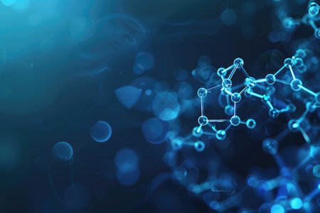 A blue molecular structure with bokeh lights in the background, representing an abstract concept of science and technology.の素材