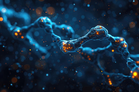 An abstract image featuring a glowing blue and orange structure against a dark, bokeh-filled background.の素材