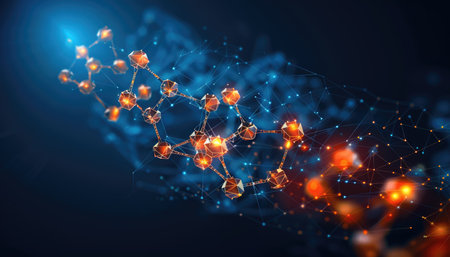 A 3D rendering of geometric shapes connected by lines, glowing with vibrant light on a dark blue background.の素材