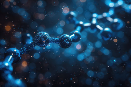 A close-up of a stylized molecular chain in blue with bokeh lights in the background.の素材