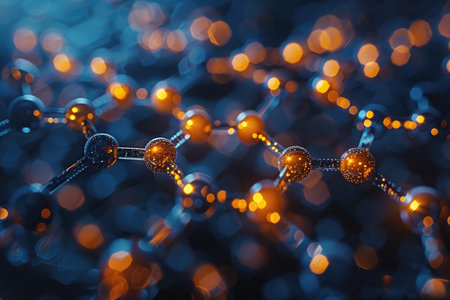 A close-up abstract image of a 3D molecular structure with glowing lights.の素材