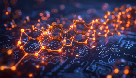 A close-up image showcasing an abstract golden molecular structure, illuminated with orange light and positioned on a blue circuit board.の素材