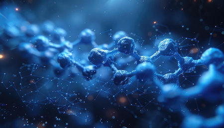 A 3D rendered illustration of a stylized molecular structure with glowing particles and interconnected lines, depicting a futuristic, abstract design.の素材