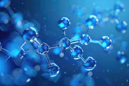 A close-up, abstract representation of a molecular structure, rendered in 3D with a bokeh background.の素材