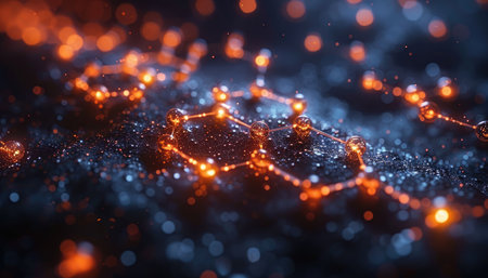 A close-up image of glowing metal spheres connected by thin wires, set against a sparkling dark background.の素材