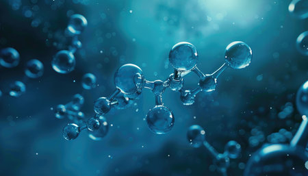 A digital representation of a molecular structure with blue spheres and connecting rods, on a blue background.の素材