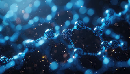 A close-up of an abstract blue molecular structure with glowing particles in a dark background.の素材