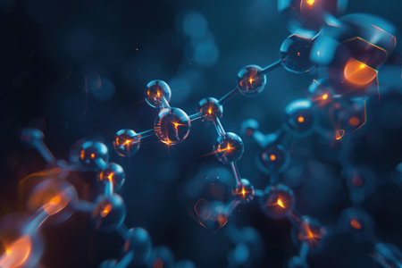 An abstract illustration depicting a molecular structure with glowing atoms and connections.の素材