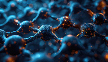 An abstract rendering of a network of spheres connected by lines and glowing dots.  The spheres are blue and the lines are orange, and the background is dark.の素材