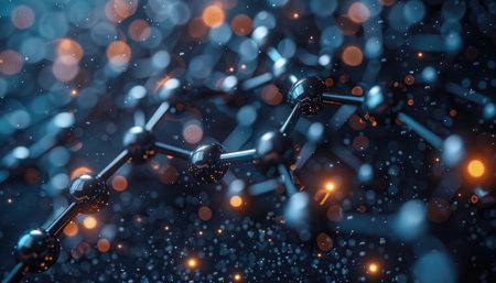 A close-up abstract image of a molecular structure with glowing lights.の素材