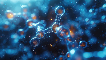 An abstract representation of a molecular structure with glowing blue and orange particles.の素材