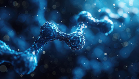 A digital 3D rendering of a molecular chain with blue and white lighting effects, creating an abstract and artistic visualization.の素材