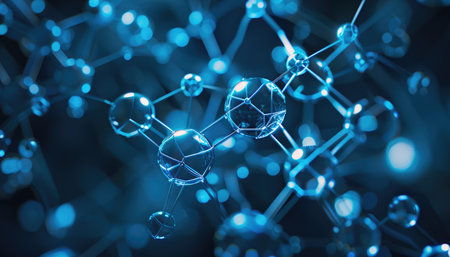 A close-up of a 3D model of a molecule, showcasing its interconnected spheres and lines, rendered in a vibrant blue color.の素材
