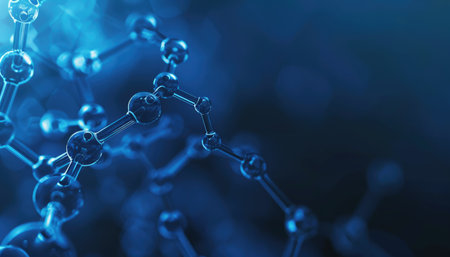 Close-up image of an abstract molecular structure with a blue glow.の素材