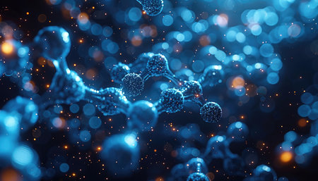 A 3D rendering of a molecular structure with blue and orange particles and bokeh background.の素材