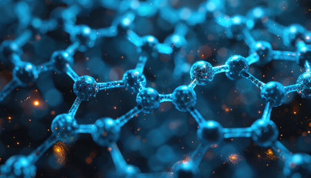 A close-up view of a 3D model of a molecule with blue atoms and orange glowing particles in the background.の素材