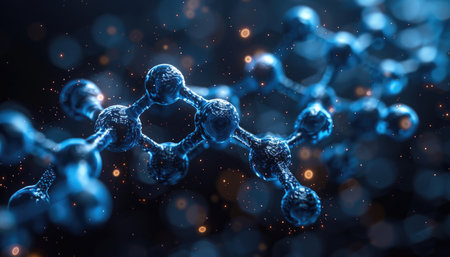 A 3D rendering of a blue molecular structure with glowing particles in the background.の素材