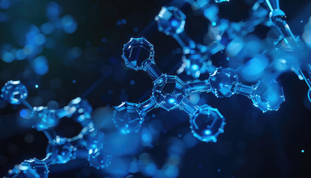 A 3D rendering of blue geometric shapes with bokeh lights in a dark background.の素材