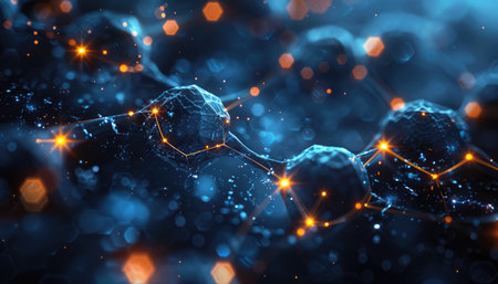 Abstract 3D rendering of interconnected geometric shapes with glowing lights, representing a network or connection concept.の素材
