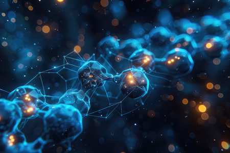 A stylized 3D representation of a molecule with glowing particles and a network of lines, creating an abstract and futuristic design.の素材