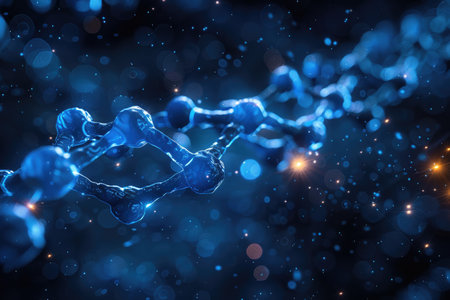 A 3D render of a blue chain of spheres with blurred lights in the background, creating a futuristic and ethereal abstract design.の素材