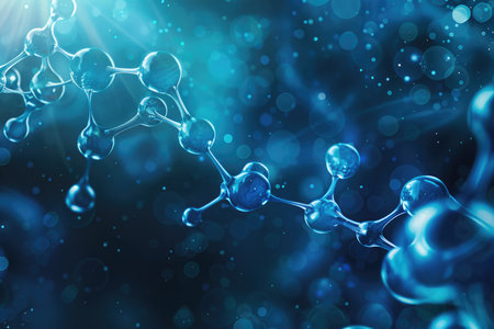 A 3D rendering of a molecular structure, composed of blue orbs connected by thin bonds, against a blurred bokeh background.の素材