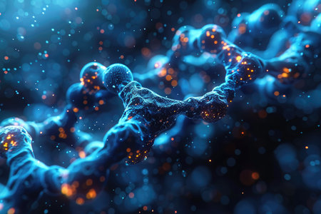 A 3D illustration of a DNA double helix rendered with a blue glow and orange particles floating around it.の素材