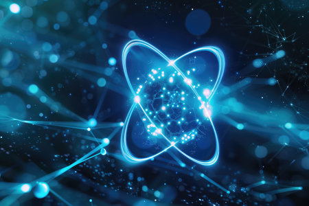 A digital abstract visualization of an orb composed of glowing lines and particles connected in a network.の素材