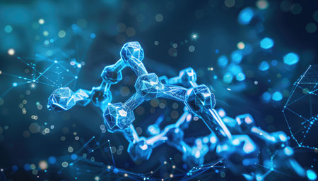 A stylized 3D geometric structure rendered in blue with glowing bokeh lights in the background.の素材