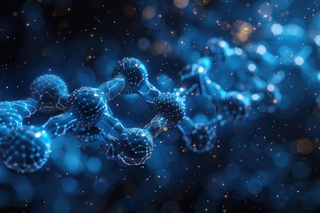 A stylized representation of a molecule with connected atoms, rendered in 3D and set against a blue and gold bokeh background.の素材
